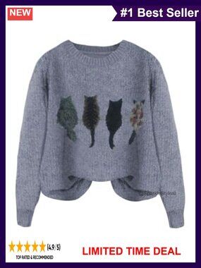 Cat Graphic Knit Pullover Sweater Crew Neck Long Sleeve Casual
